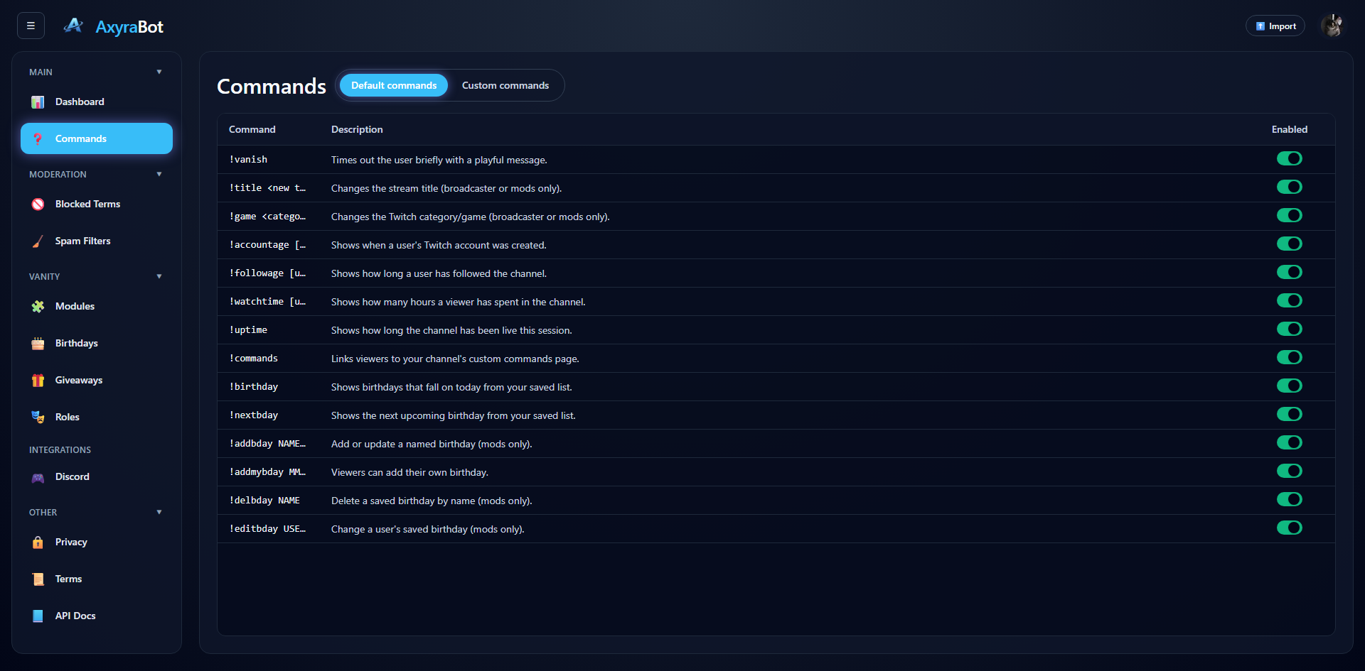 AxyraBot Commands