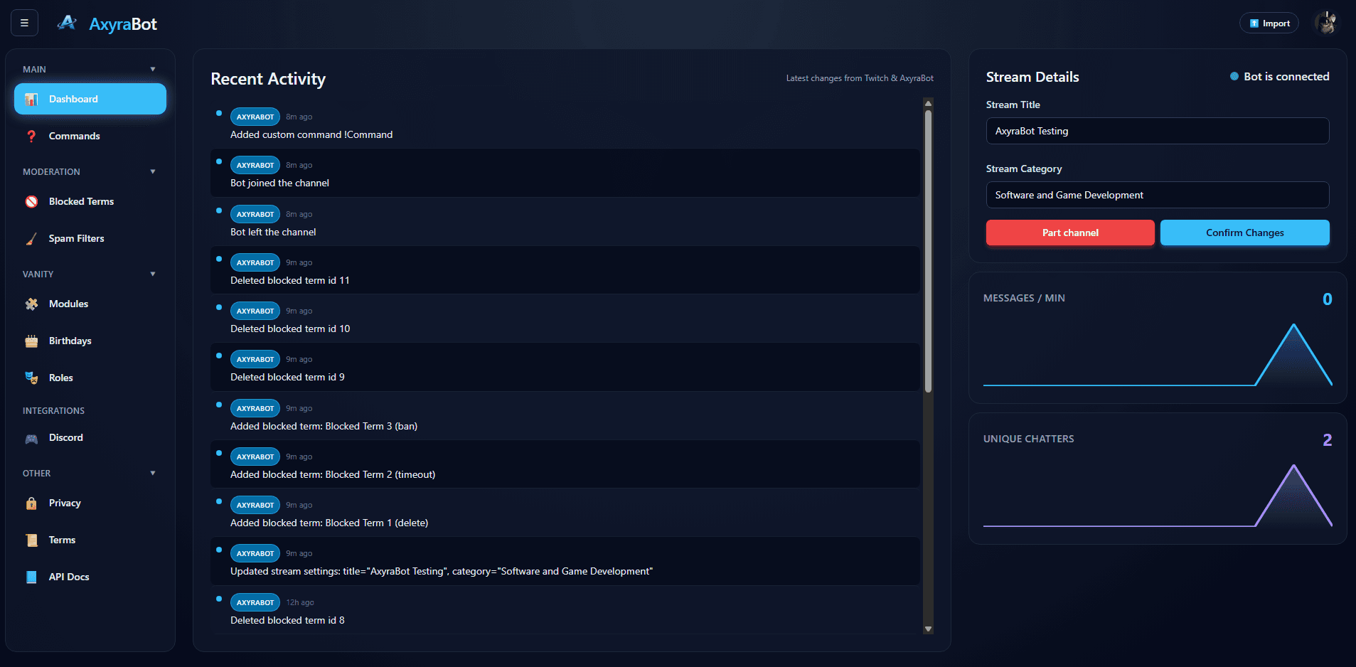 AxyraBot dashboard for managing community tools